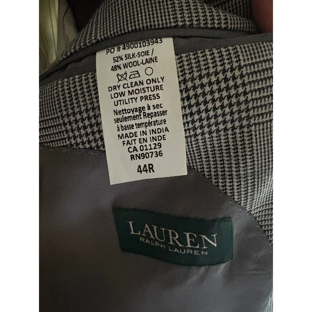 Lauren Ralph Lauren Silk Wool Blazer 44R Gray Glen Plaid Sport Coat‎ Classic